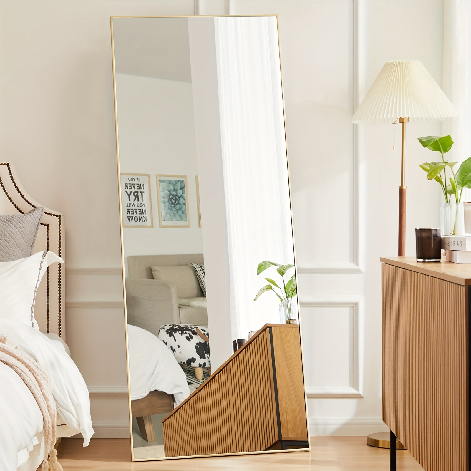 Arched Full Length 64" X 21"/ 59"x16"Mirror With Stand, Floor Mirror With Aluminum Alloy Frame For Bedroom, Standing Full Body Mirror With Shatter-Proof Nano Glass For Wall, Living Room, Cloakroom