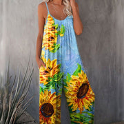 Bohemian Sunflower Print Pleated Wide-Leg Jumpsuit
