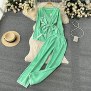Women's Contrast Color Long Sleeve Wide Leg Knitwear Set