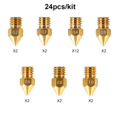 24‑Piece Assorted 3D Printer Nozzle Set (0.2 mm–1.0 mm, M6 thread, 1.75 mm filament)