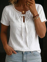 Women's V-Neck Cotton-Linen Shirt with Lace-Up Detail
