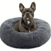 28-inch round calming dog bed with plush faux fur and washable cover