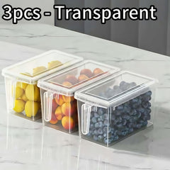 Set of 3 Plastic Refrigerator Storage Bins with Handles – Durable, Clear, Ideal for Vegetables, Fruits, Grains, Meats, and Beverages