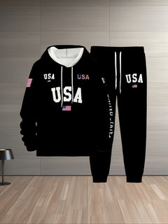 Men's Black Retro Letter Print Hooded Sweatshirt and Sweatpants Set, Winter Casual Wear