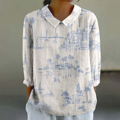 European And American Style Long-Sleeve Chinese-Style Bamboo-Stripe Linen Lapel Printed Fashionable All-Match Shirt
