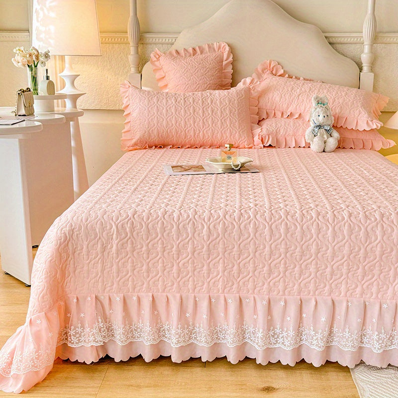 French Princess Bedspread Set Hand Wash Only Fiber Quilting Ruffle Embellishment ㎡