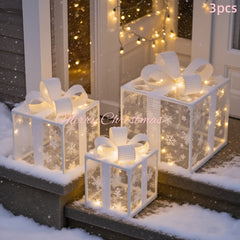 LED lighted outdoor gift box set with snowy ribbon bows