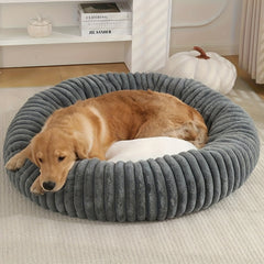 Luxury round pet bed with corduroy fleece and faux fur lining