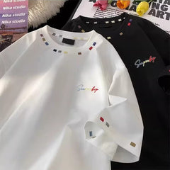 Retro High-Street Embroidered Loose-Fit Half-Sleeve Top