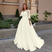 Plus-Size Lace V-Neck Wedding Dress with 3/4 Sleeves