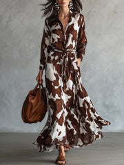 Chic Cow Print Long Sleeve Maxi Dress with Cinch Waist