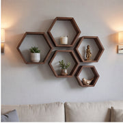 5-Piece Walnut Hexagonal Floating Shelf Set