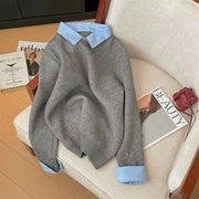 New Autumn Winter Womens Patchwork Faux Two-piece Sweater