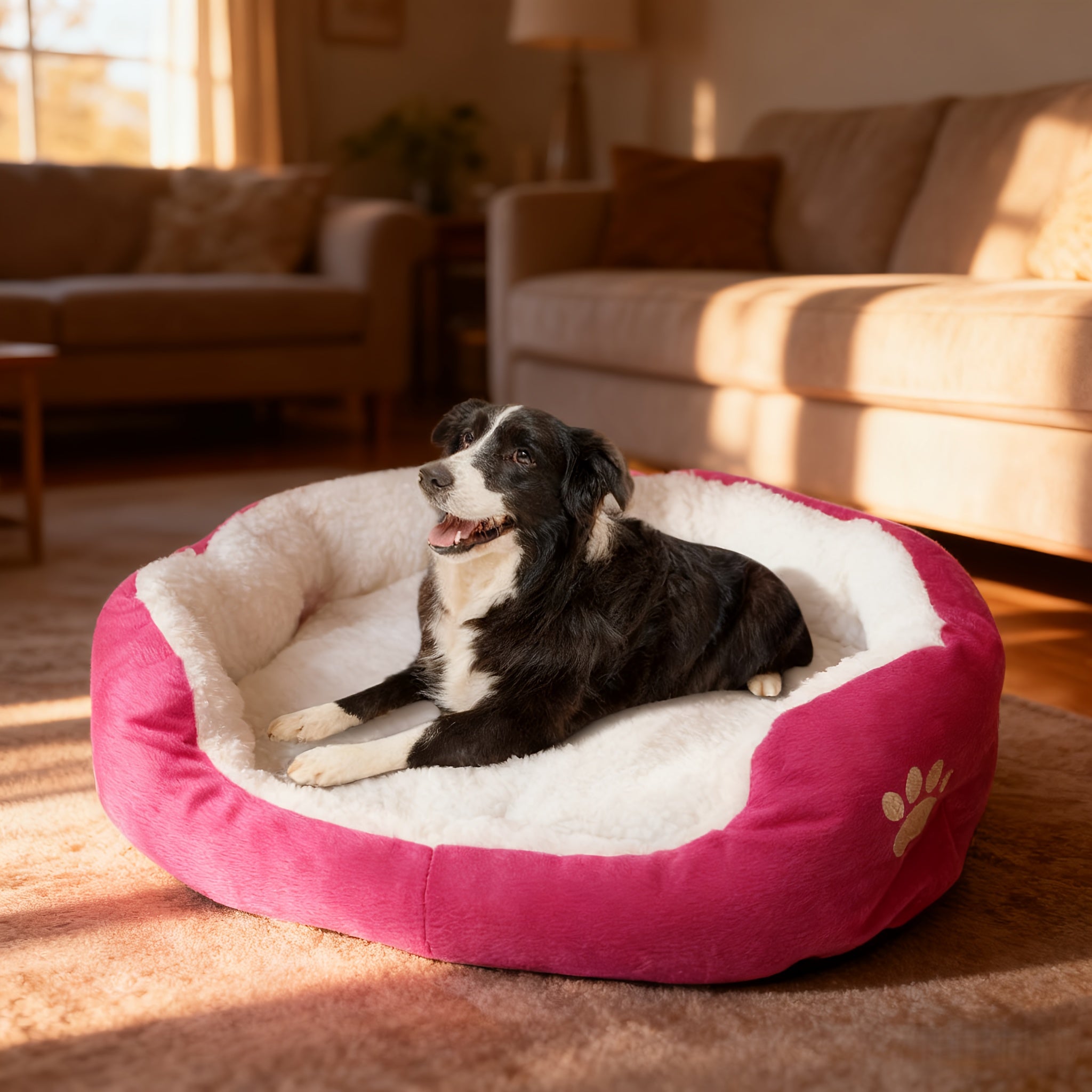 Ultra Soft Plush Dog Bed for Small/Medium Dogs - Cozy Oval Pet Cave with Washable Cover, Grey & Pink Trim, Durable & Polyfill Bedding, Warm Comfortable Indoor Sleeping Nest for