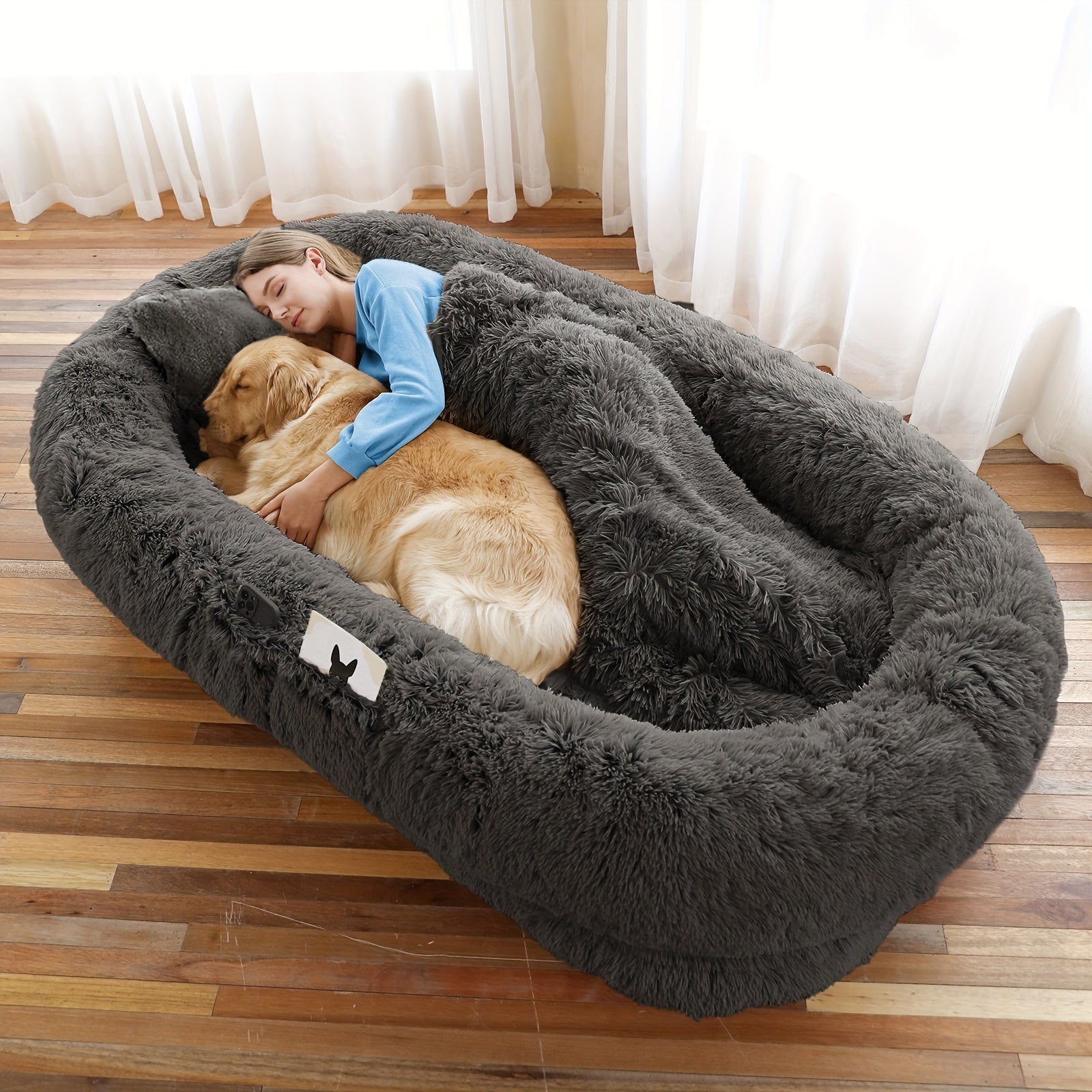 XXL Orthopedic Human-Dog Bed with Plush Pillow & Blanket - 71"x45"x12" Washable Faux Fur Bed for people & Pets, Non-Slip Base, Removable Cover - Grey Sofa Napping Couch for Large