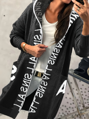 Women Hooded Letter Print Long Knit Cardigan Open Front Oversized Lantern Sleeve Pocket Sweater Coat