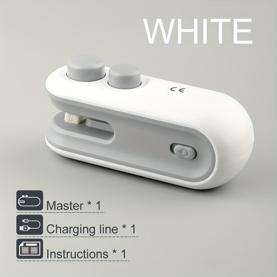 Snack Bag Sealer 1pc Snack Bag Sealer with Magnetic Closure - USB-Rechargeable Portable Seal Machine, Compact for Chips, Cookies, Lunch Boxes, Travel, Home & Office - Includes Charging Cable, White/Bl