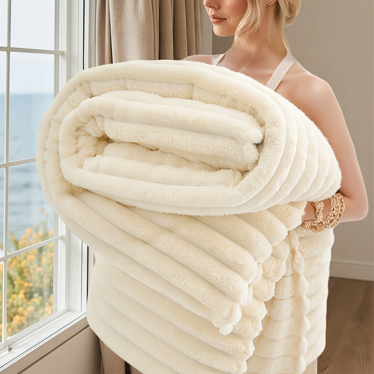 Luxurious Faux Rabbit Fur Throw Blanket - Super Soft & Warm All-Season Cozy Blanket for Couch, Bed, Travel, Camping, Office - Plush Faux Rabbit Fur, Beige & White Striped Contemporary Design, Machi...
