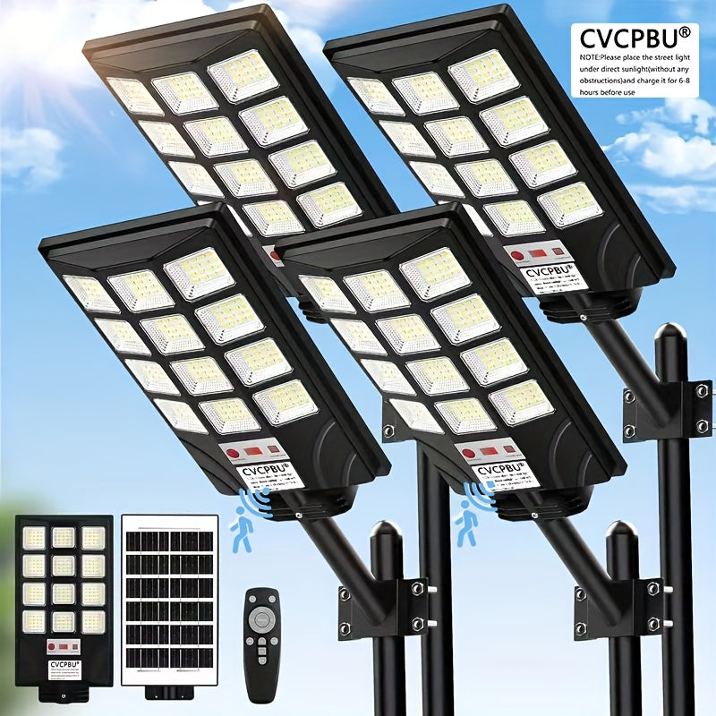 Load video: 4 Pack2 Pack Solar Street Light Outdoor 400 LED Lamp Beads 6500K Waterproof Sensor Solar Flood Light with Remote Control Commercial Area Parking Lot Night Lighting Dim to Dawn