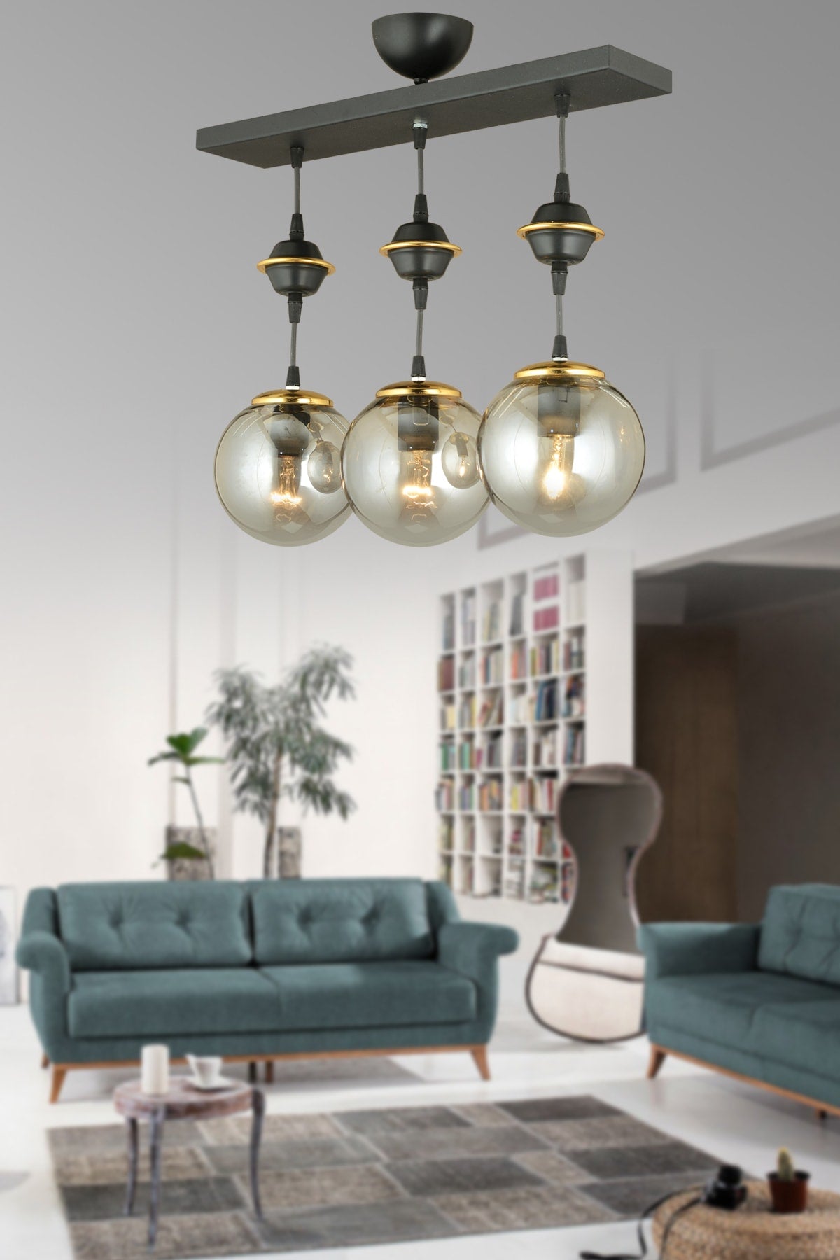 Row Of Black 3-Piece Smoked Globe Glass Pendant Lamp Luxury Chandelier