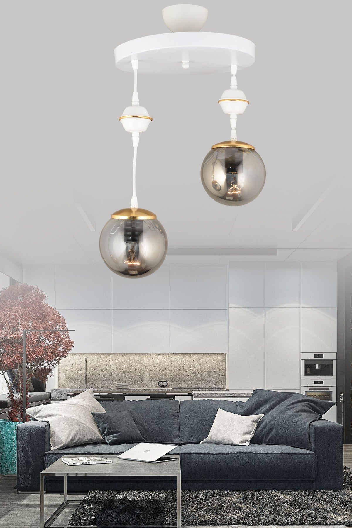 Pendant Lamp Tray White 2-Piece Smoked Globe Glass Downward Facing Luxury Chandelier