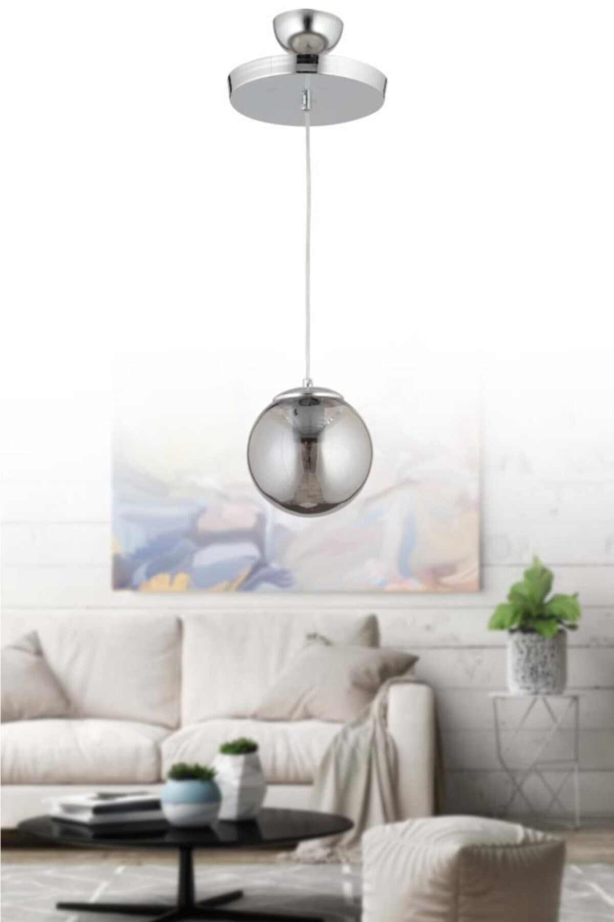 Pendant Lamp Single Smoked Glop Glass Chandelier With Silver Tray