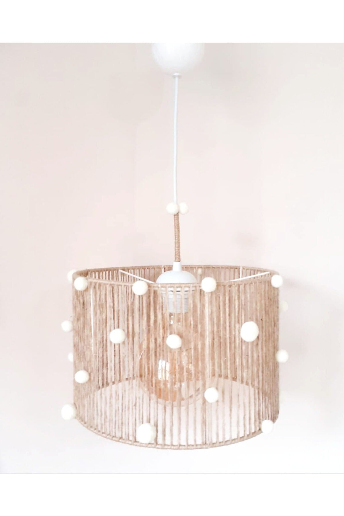 Wicker Rope Wrapped Ecru Pompom Baby And Children'S Room Pendant Lamp Chandelier