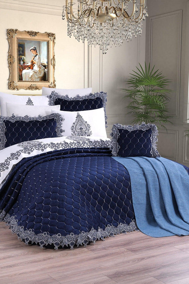 11 Pieces Dowry Package Quilted Set - Navy Blue - Swordslife