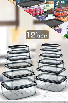 Set of 12 stackable rectangular food storage containers with lids