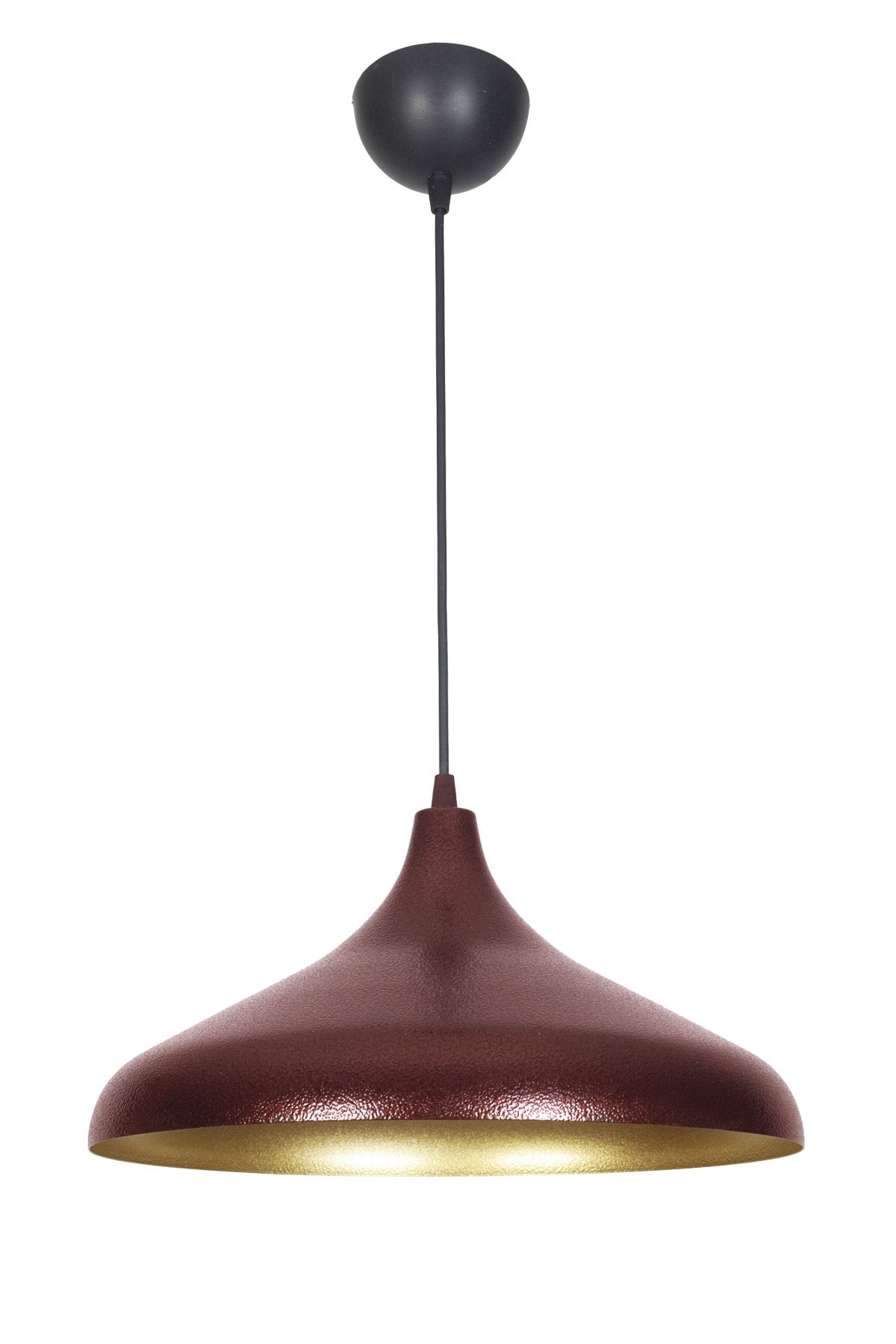 ثريا مطبخ بتصميم حديث خاص باللون الأحمر الداكن مع ثريا معدنية ذهبية مفردة