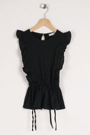 Girl'S Black Color Frilly Waist Elastic Detailed T-Shirt