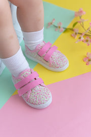 Floral Patterned Double Velcro Linen Children'S Sports Shoes-Pink-F-498