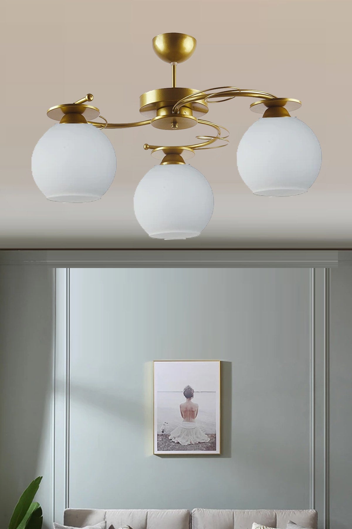 Modern Ilay Antique Gold Painted 3-Piece Glass Chandelier