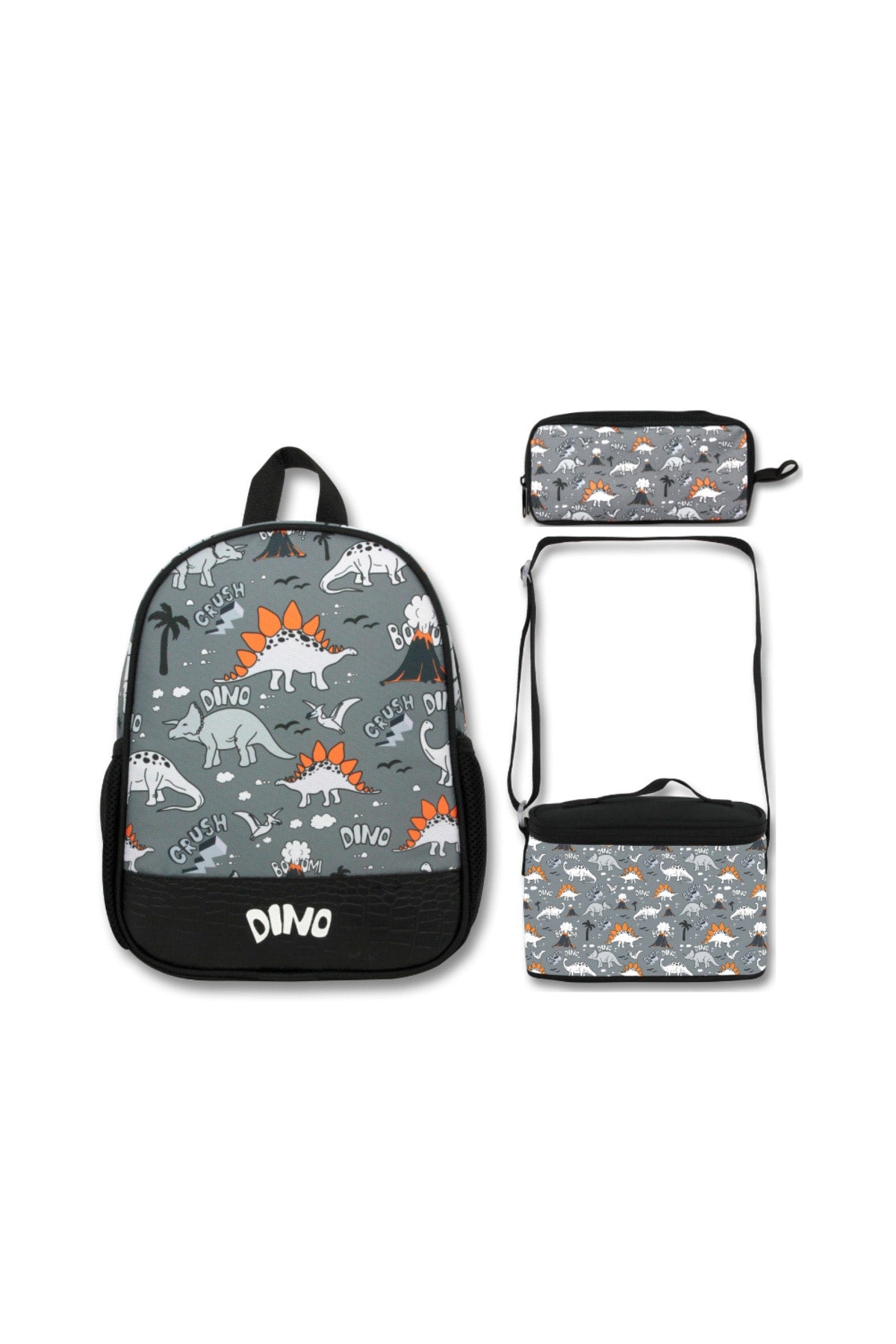 swordslife Black Gray Dinosaur Kindergarten Bag Lunch Box And Pencil Bag Set