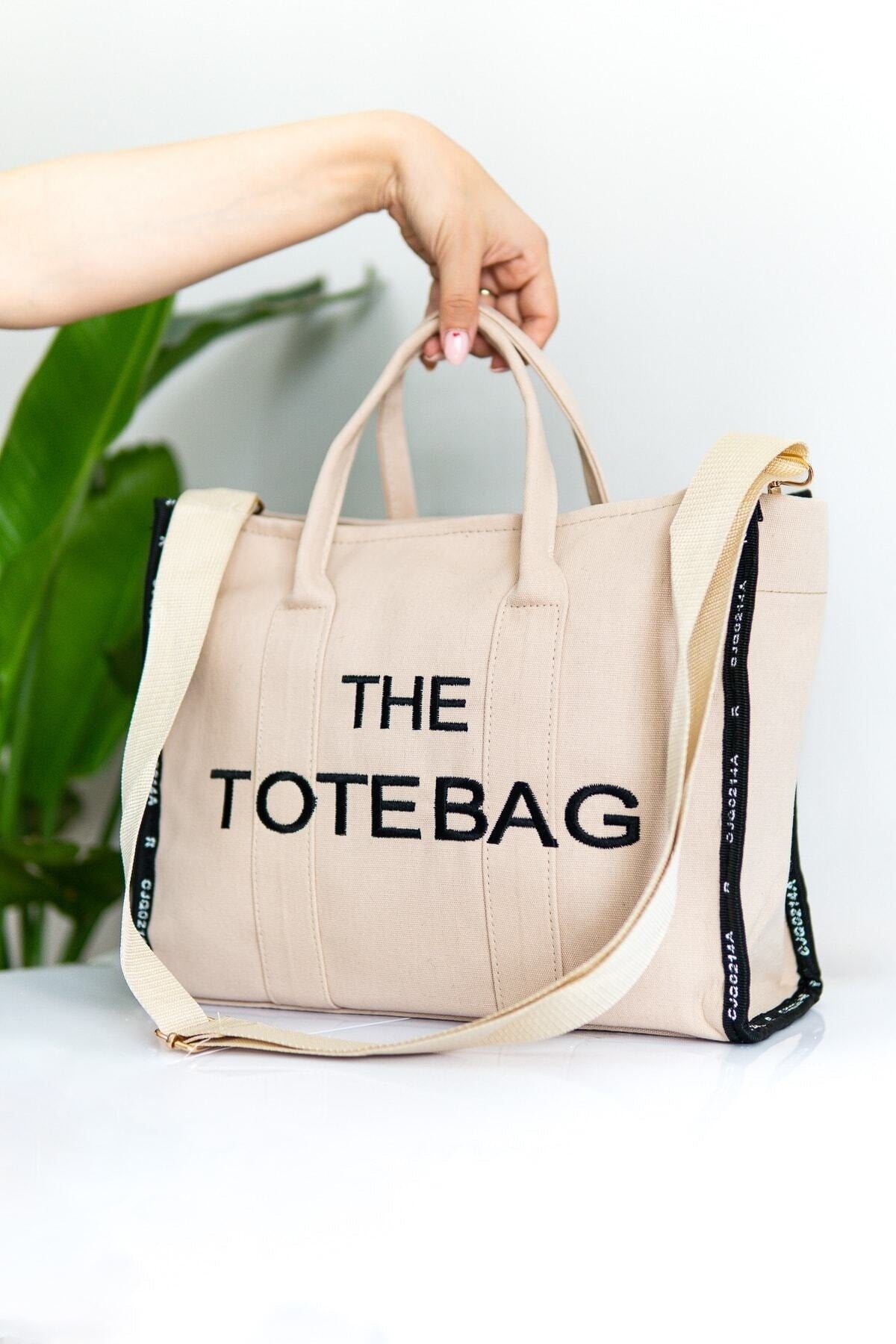 Women'S Cream Tote Bag Canvas Long Strap Bag Shoulder Bag