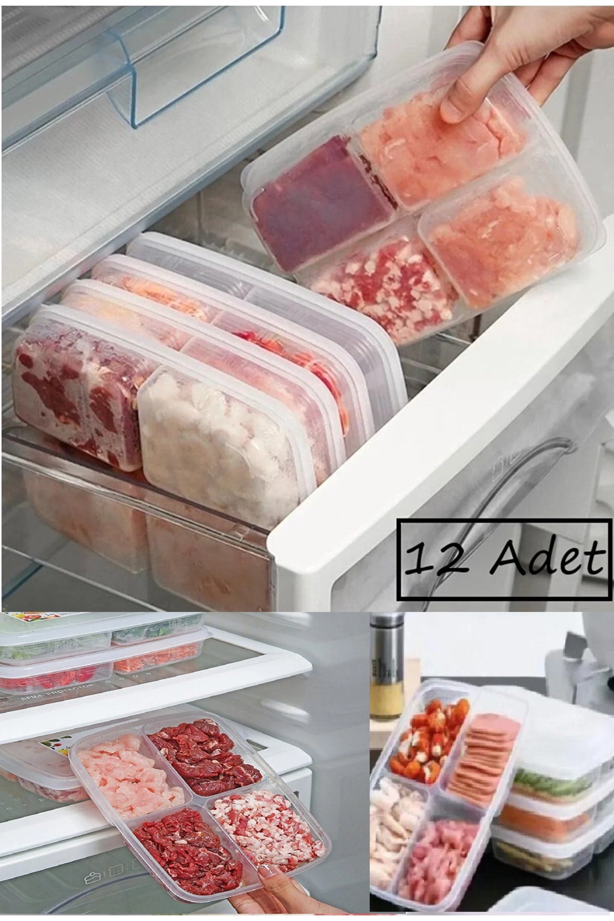 12 Stück Gefrorener 4-Fach Mahlzeit Mahlzeit und Gemüse Aufbewahrungsbehälter - Hackfleisch Huhn Gefrierschrank Organizer