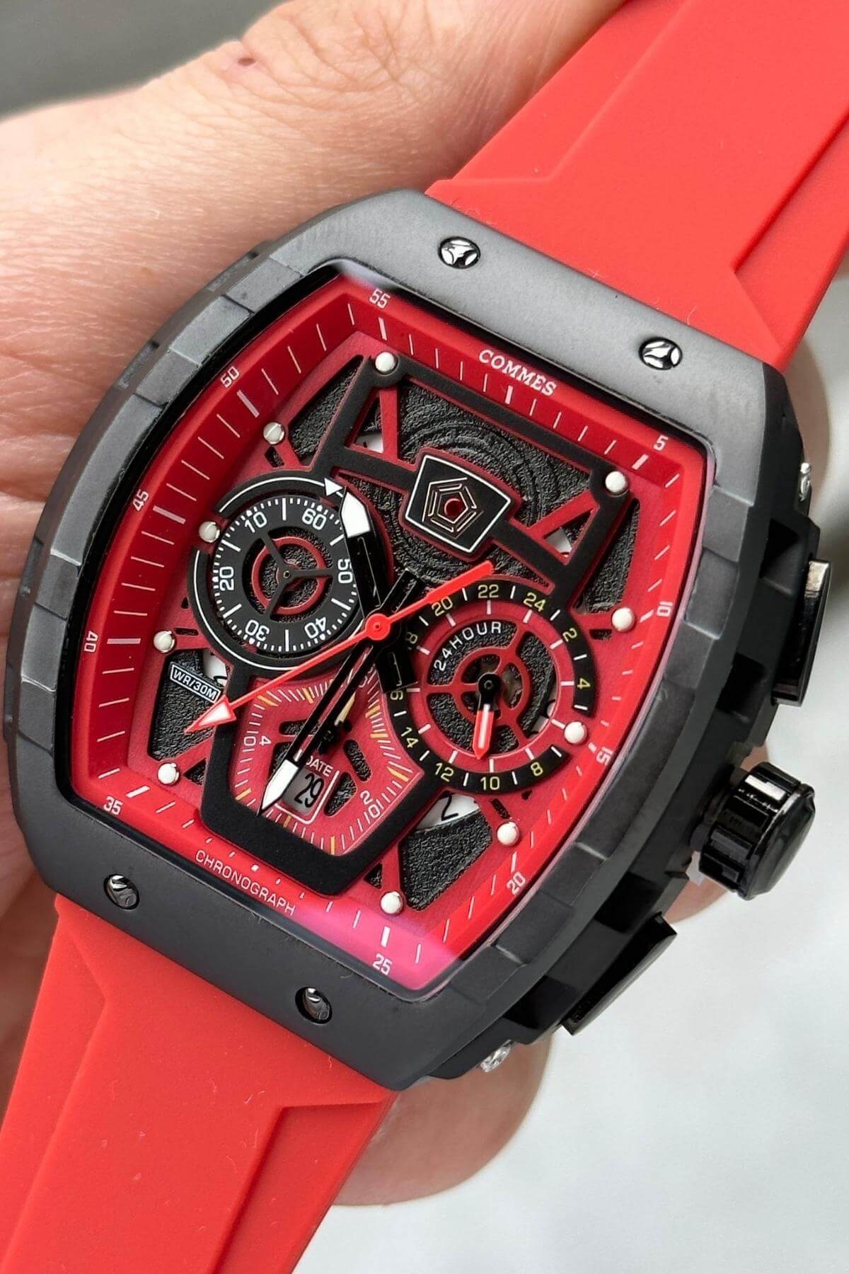 Herren Klassische Armbanduhr mit Silikonarmband Rot Farbe Stoppuhr Kalender 0376-Kbk