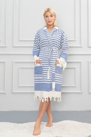 Inside Towel Outside Peshtemal Unisex Bathrobe - Cotton Woven, Blue - Swordslife