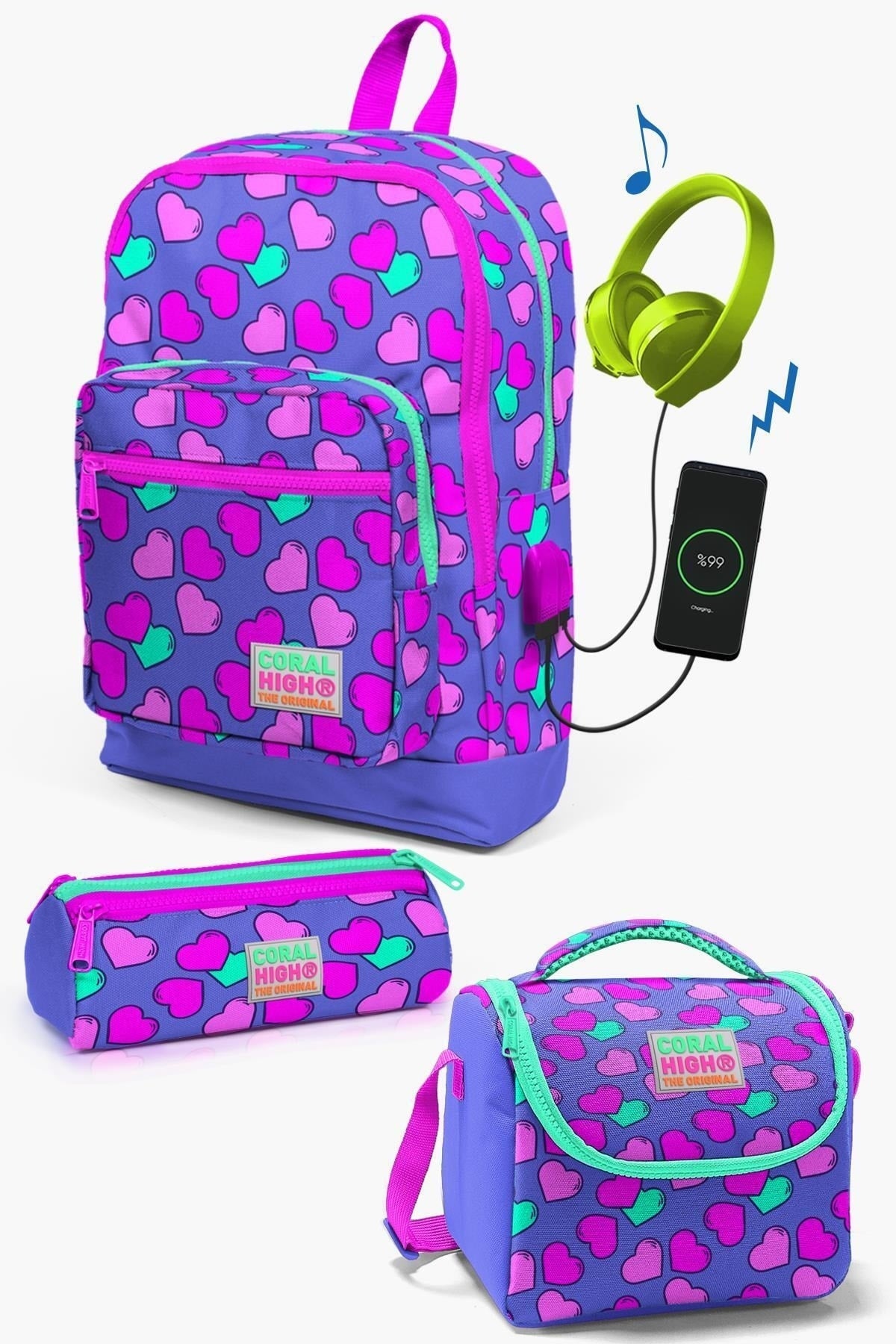 Kids Lavender Pink Heart Pattern Usb 3 Pcs School Bag Set Set0123263
