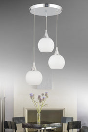 Sante 3-Piece Chrome White Glass Modern Pendant Lamp Chandelier Living Room Kitchen Room Hallway Chandelier