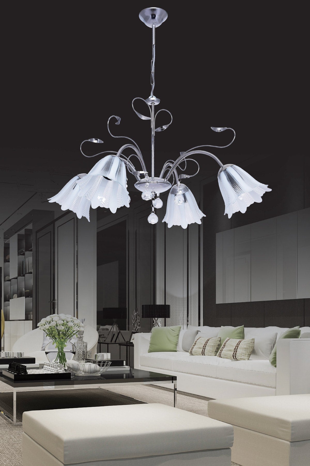 Çağla 4-Stück Chrom Anhänger Lampe Stein Kronleuchter Wohnzimmer Kronleuchter