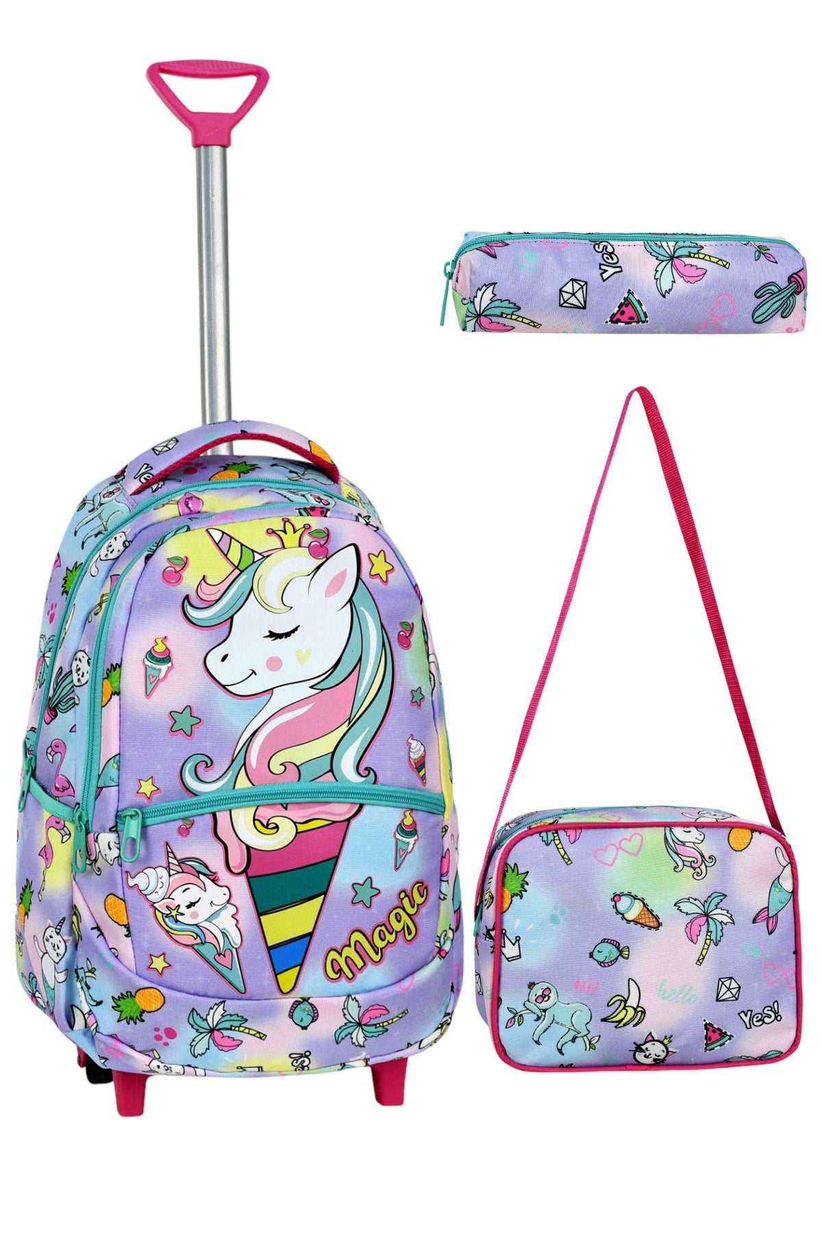3-Pack School Set With Squeegee, Unicorn Pattern Primary School Bag + Lunch Box + Pencil Holder
