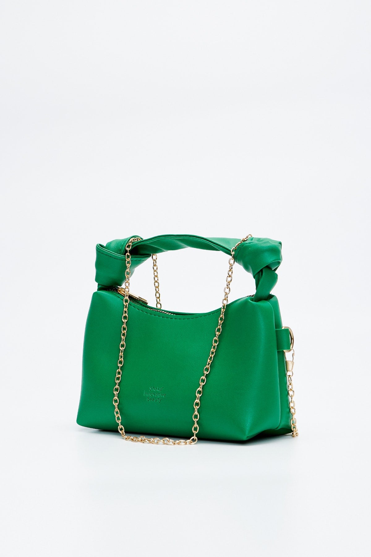 Grasgrüne Shk24 Hand- und Schultertasche aus weichem Leder mit Knotendetail und Kettenriemen, L:14 E:22 B:8 cm