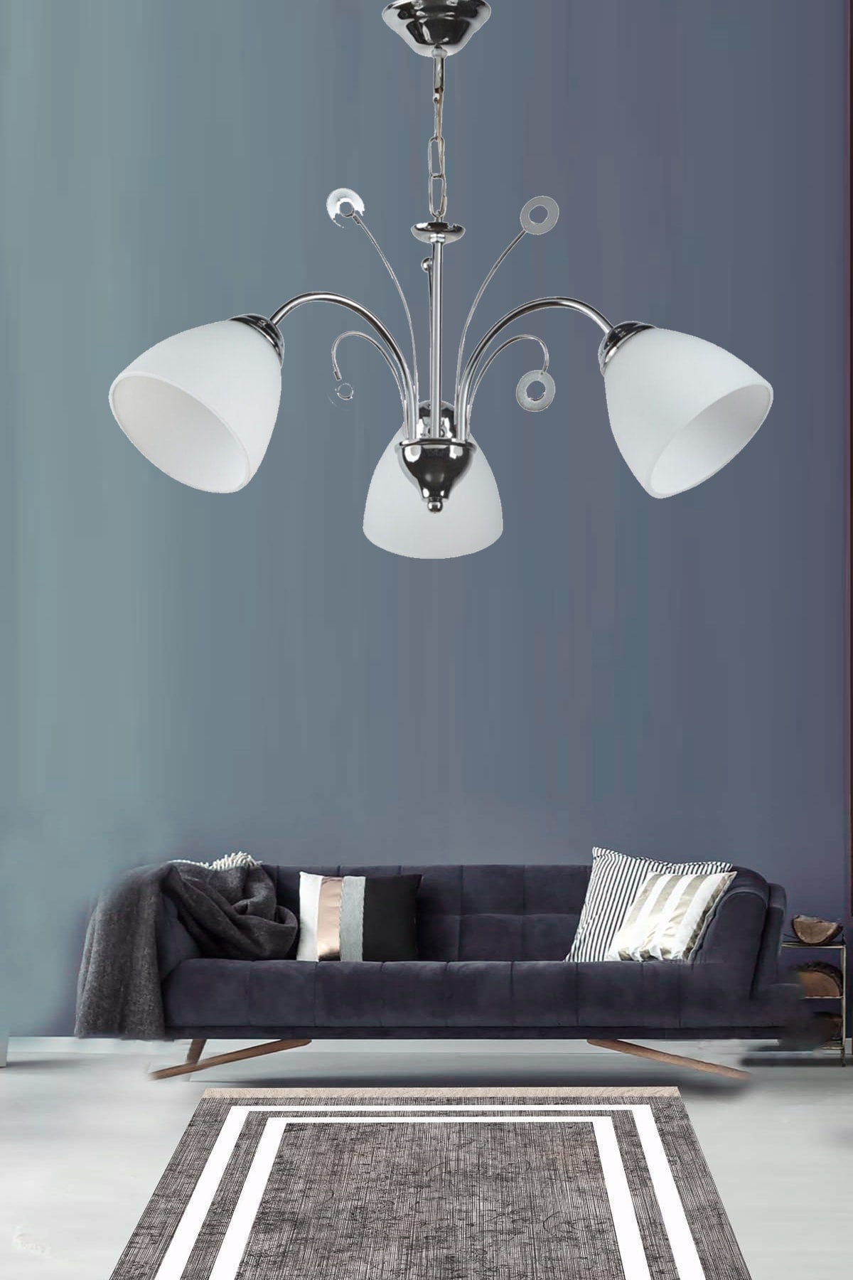 Idil Modern Chrome Color White Opal Glass Living Room - Kitchen - Bedroom 3-Piece Chandelier