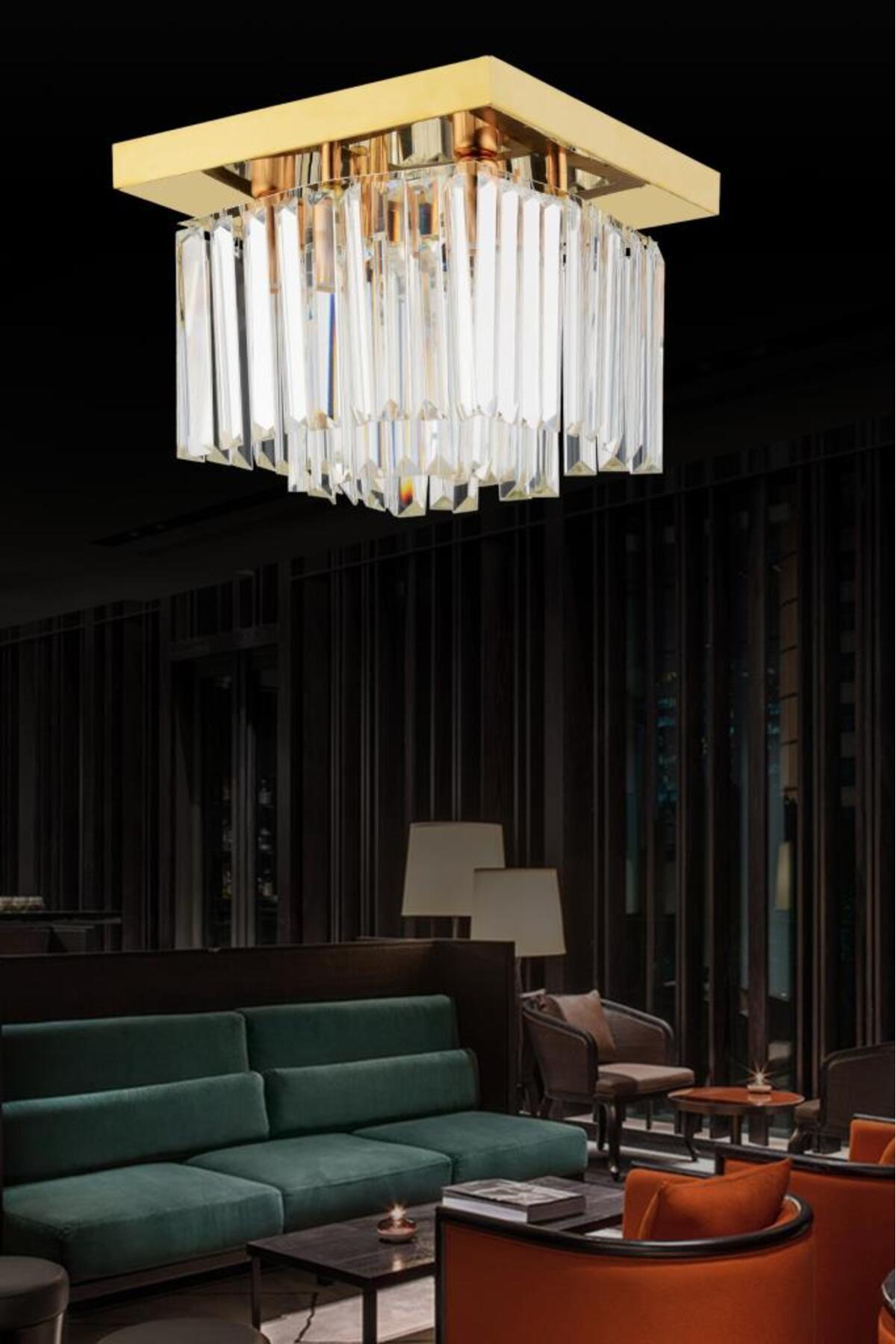 Yasemin 30 cm quadratischer Kronleuchter aus goldenem Kristallstein