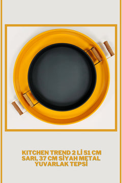 Yellow and black metal round trays for breakfast and tea service