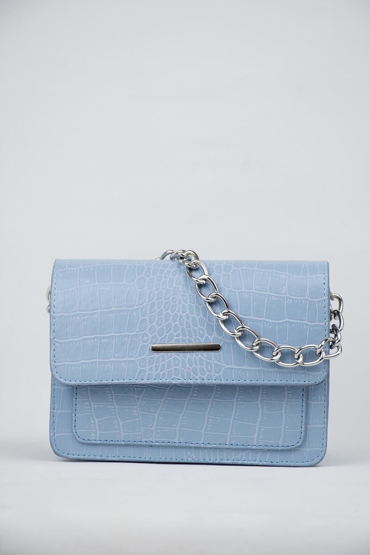 Babyblaue Clutch mit Krokodilmuster für Damen, Baguette-Kettenriemen