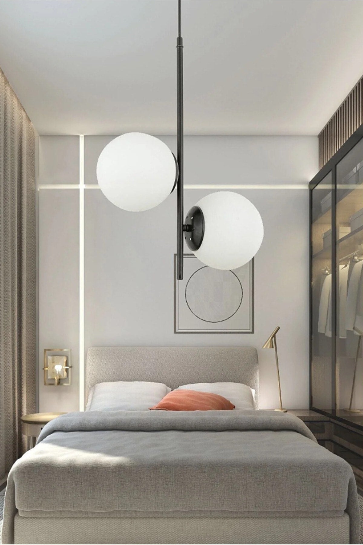 Double Punch 2-Piece Pendant Lamp Chandelier Black Body White Globe Glass - Chandelier - Living Room - Kitchen