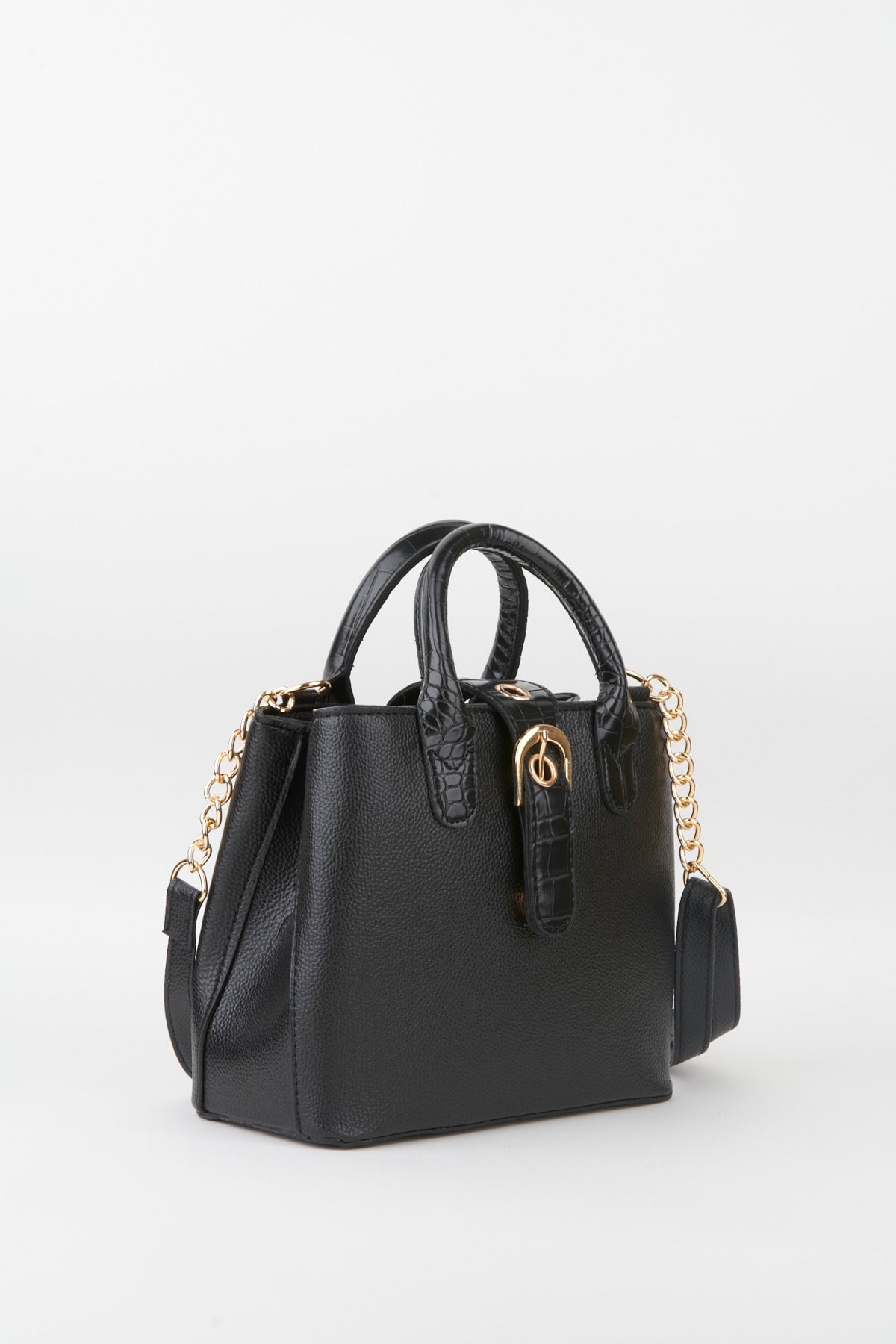 Women'S Black Faux Leather Shoulder And Hand Strap Snaps Zipper Closure Hand And Shoulder Bag