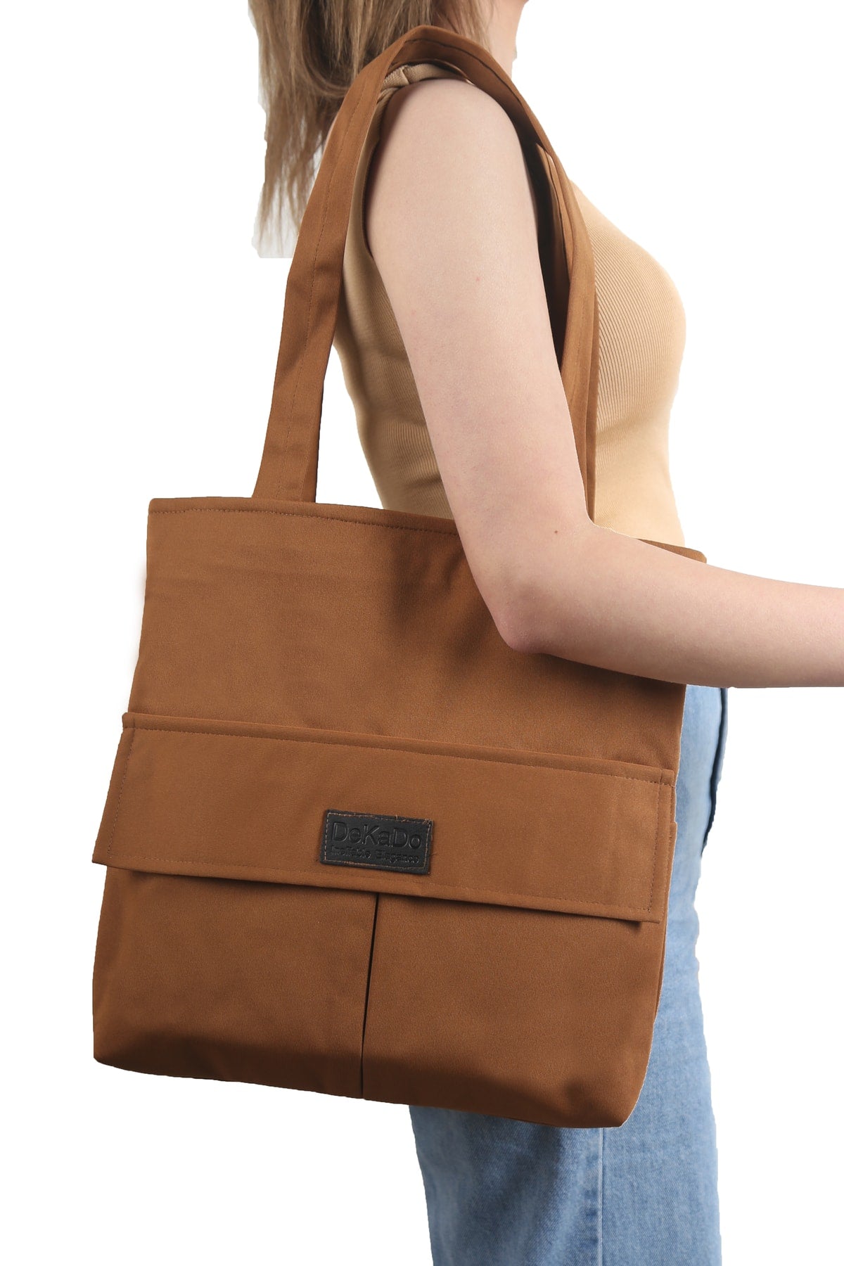 Braune Tasche für Damen mit Reißverschluss, Hand- und Schultertasche aus Canvas